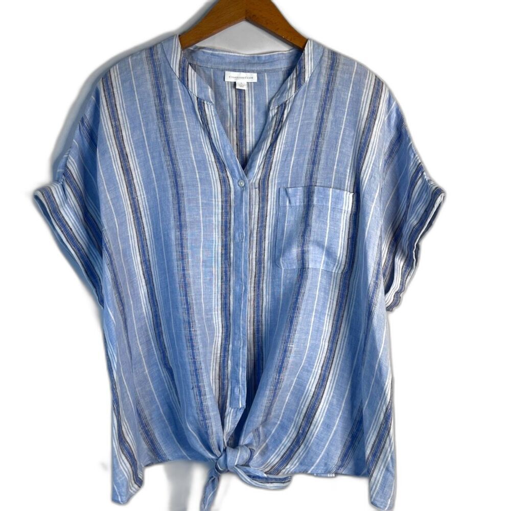 Charter Club Blue Linen Striped Tie-Front Blouse